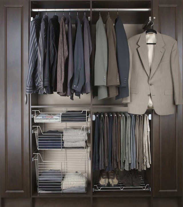 Chocolate Pear Reach-in Closet in Premier with Tall Cabinet Doors, Wired Drawers, and Pants Rack