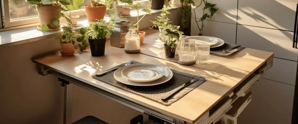 a foldable table in a small kitchen