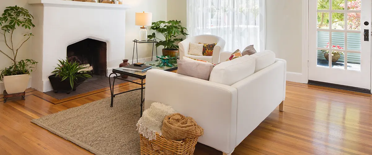 cozy living room with baskets to keep items off the floor