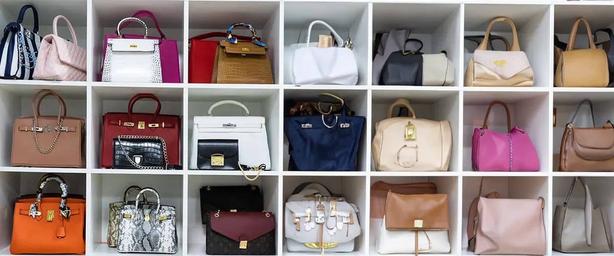 cubbies with purses and handbags