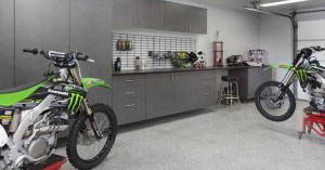 Light grey cabinets in a custom garage