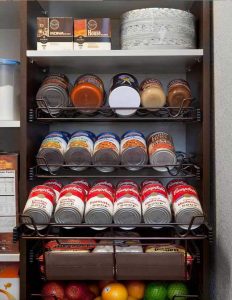 Soups and sauces organized in pantry drawers