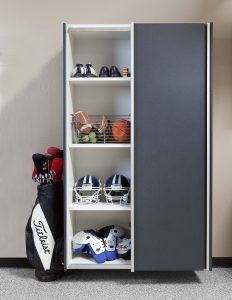 Sports equipment inside small garage closet