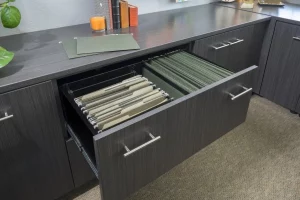 Custom gray filing cabinet with lighter gray countertop