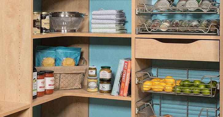 A kitchen pantry with wood shelves and doors