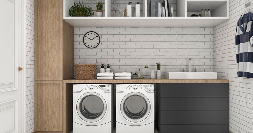 wood minimal laundry room with shelf and plant