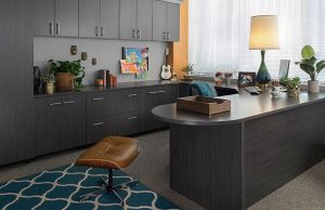 Gray cabinets and desk in home office