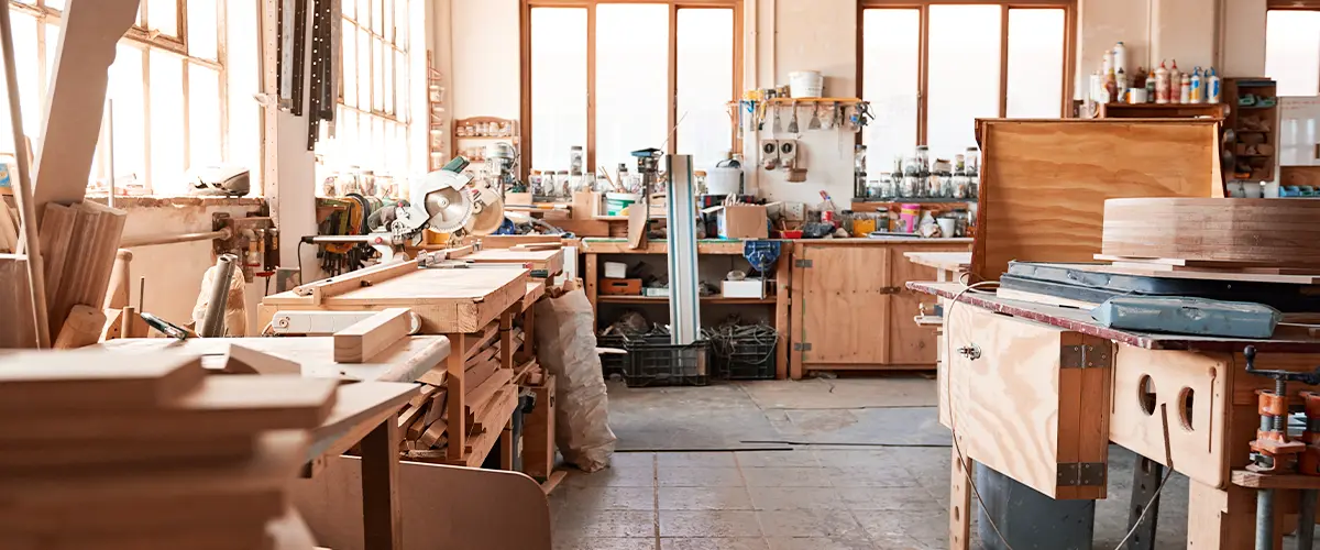 man cave transformed into woodworking workshop