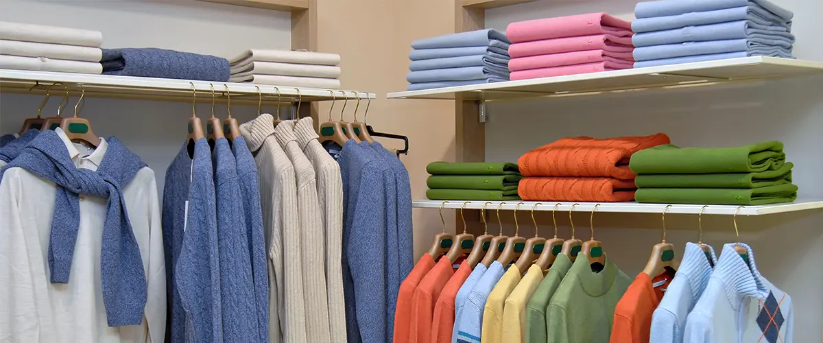man's closet with neatly arranged shirts and sweaters