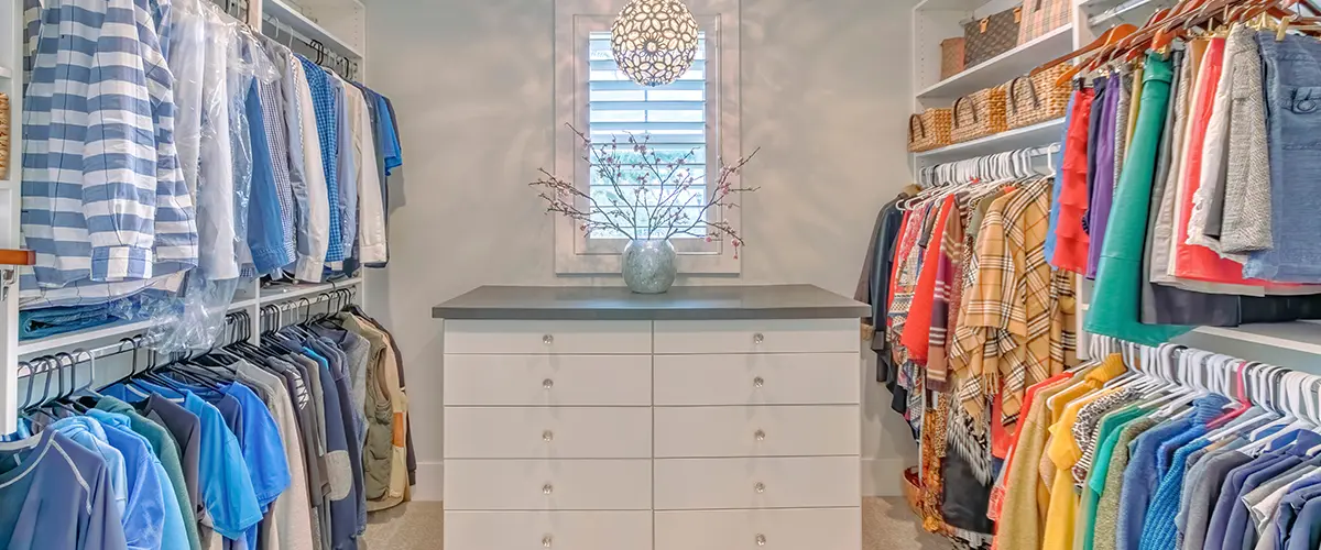 open shelves and closed cabinets in a walk-in closet