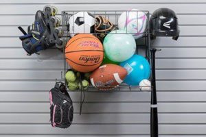Sporting equipment hanging from rack