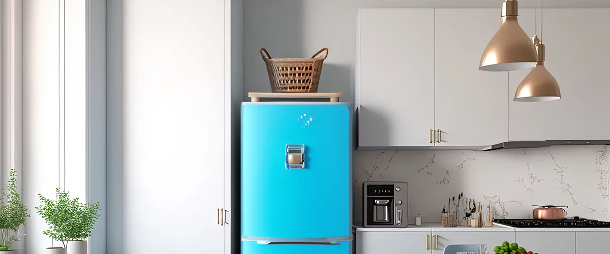 storage basket on top of a refrigerator