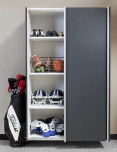Sports equipment in a small garage closet