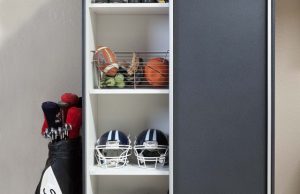 Sports equipment in small garage closet