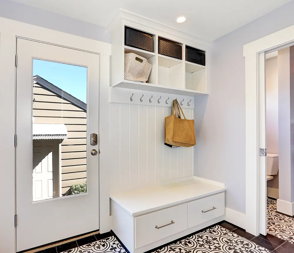 white entryway cabinets