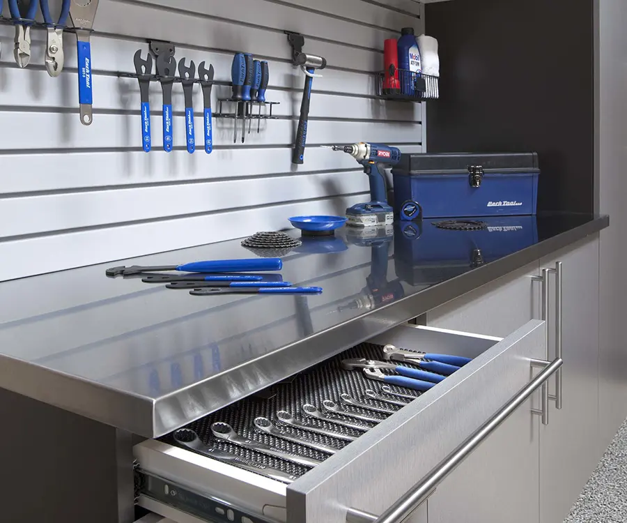 garage cabinets with open shelf with tools