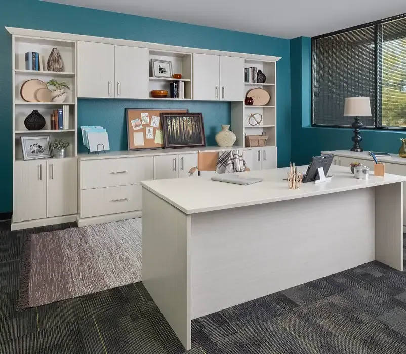 large home office with white furniture and blue walls installed in Washington