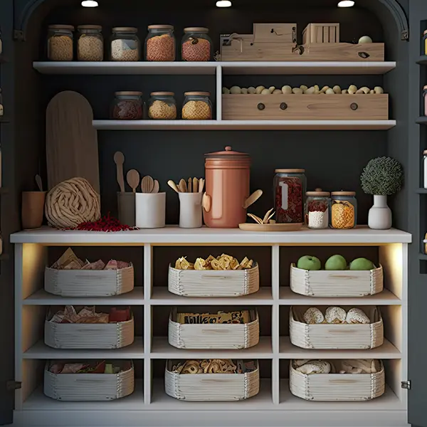modern dark lit pantry shelving in a kitchen with kitchen items closeup