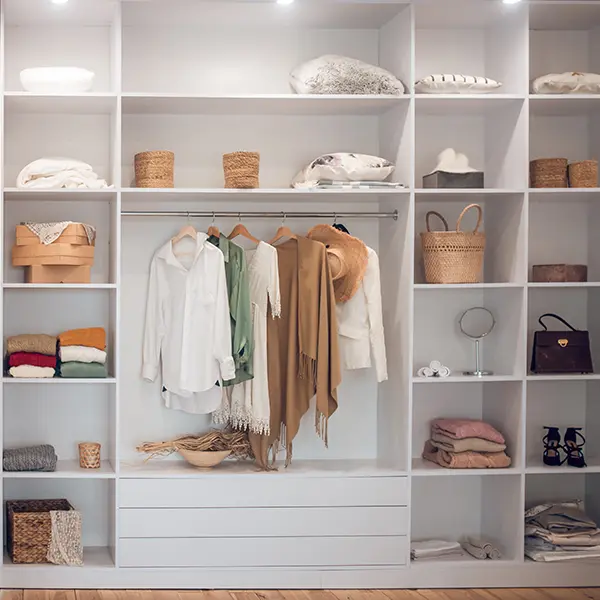 closet shelves installed in a walk-in closet and organized
