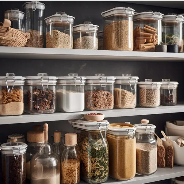 closeup of pantry shelves with kitchen jars