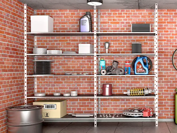 Adjustable shelves on a brick wall