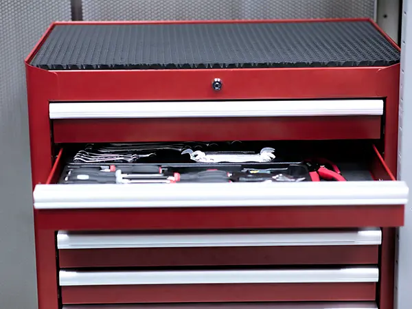 garage cabinet with integrated lights in drawers