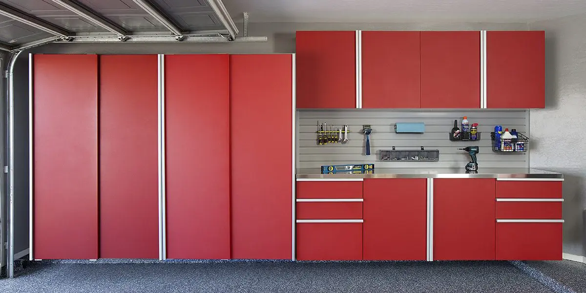 Custom garage cabinets painted red