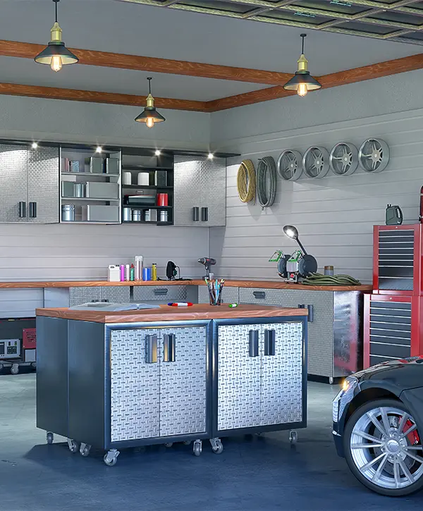 Garage cabinets design with workbench and accessories