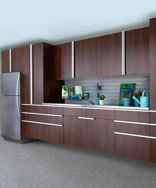 Large garage cabinets with a worktop