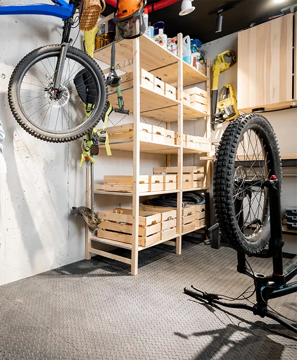Garage storage with boxes and two bikes