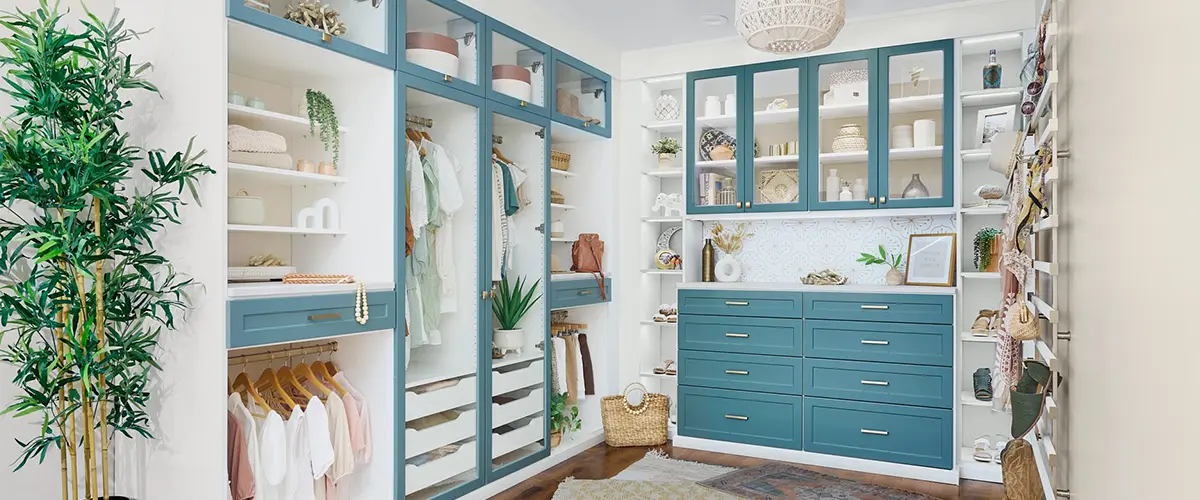 Large walk-in closet with white and blue