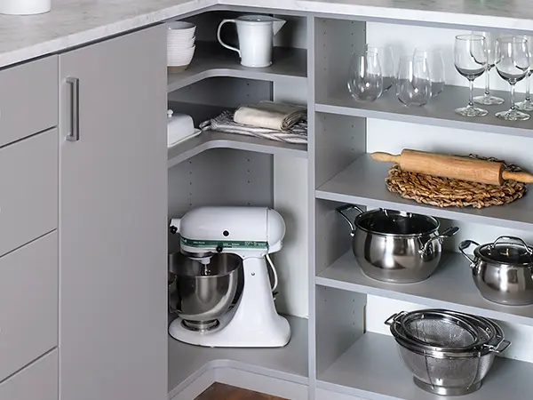 grey kitchen pantry filled with kitchen items