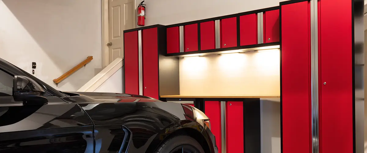red cabinet garage storage system with car