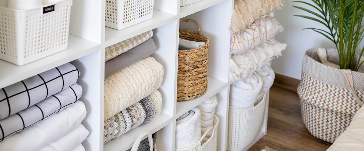 A simple storage option in a laundry room with shelving