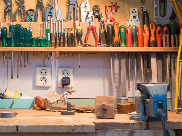 A wood workbench in a garage