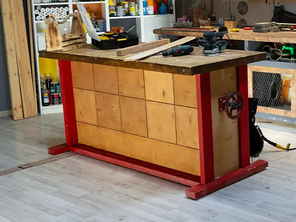 A wooden workbench in a garage