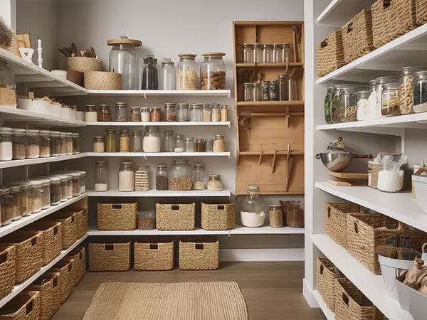 a pantry with shelves, bins, and containers for keeping food items organized