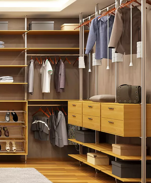 Walk-in closet systems with open shelves and a few drawers