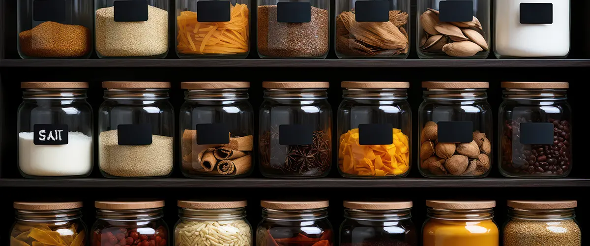 Clear jars with labeled food in a well-organized pantry for easy access in small space