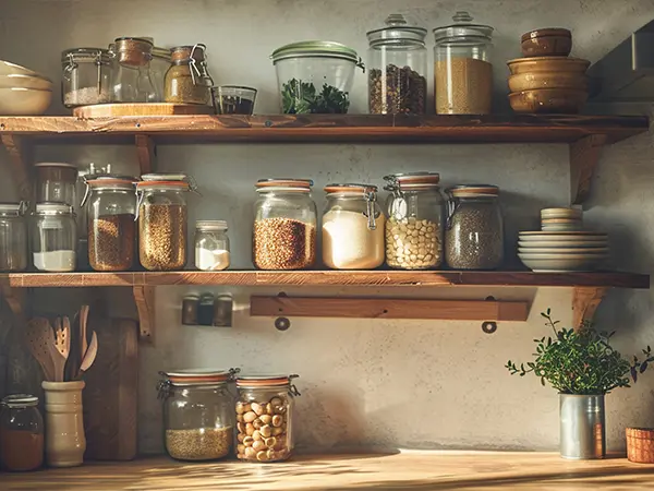 Wooden shelves with jars and containers in a small pantry for organized food storage
