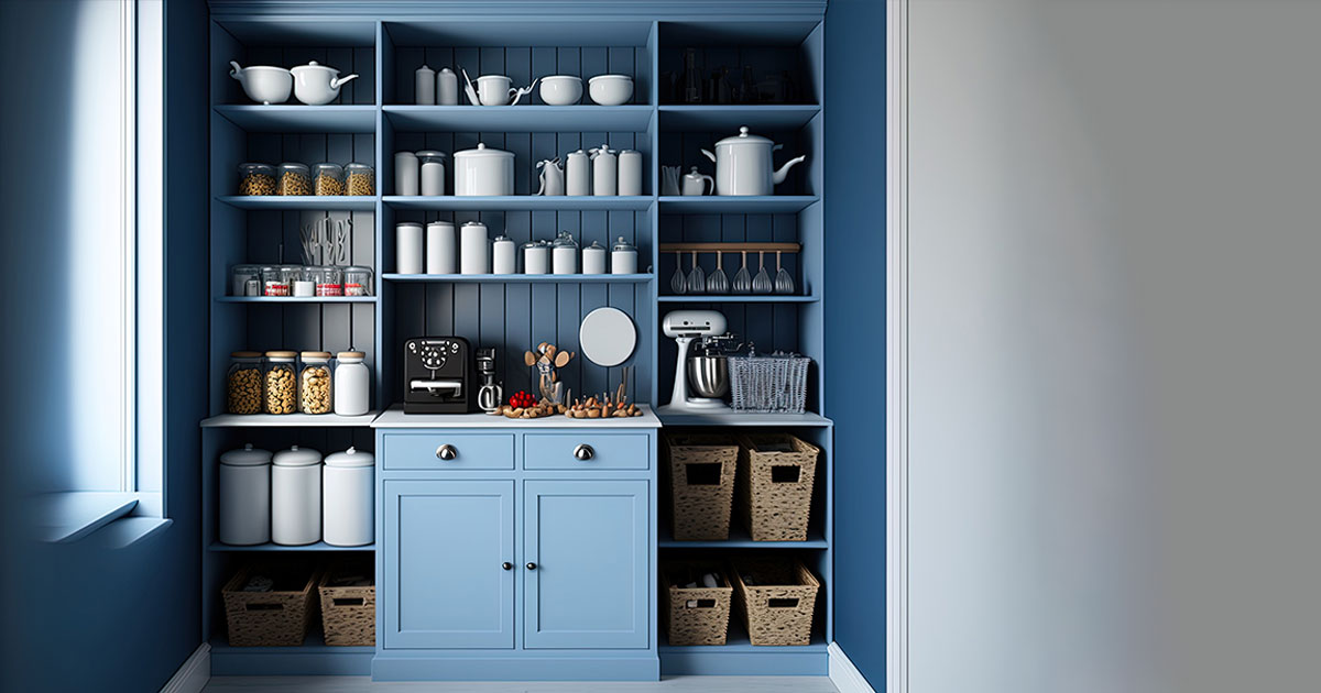 Blue kitchen pantry cabinet with shelves for storing dishes, pots, and pans
