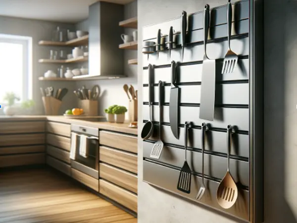 Wall-mounted knife rack with utensils in small kitchen for space-saving storage