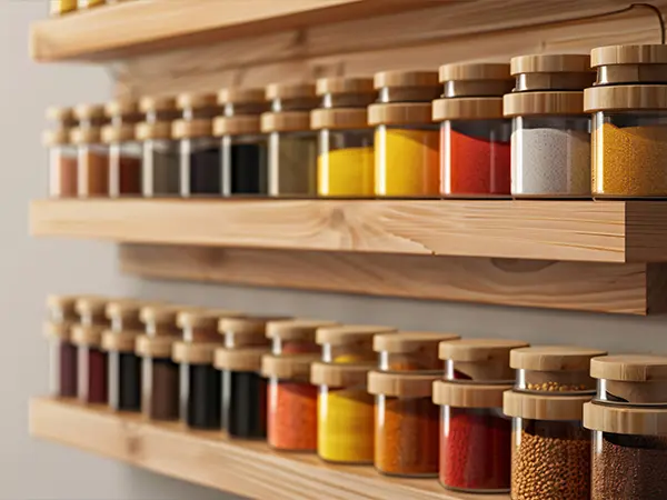 Small pantry door organizer with shelves for spices and condiments