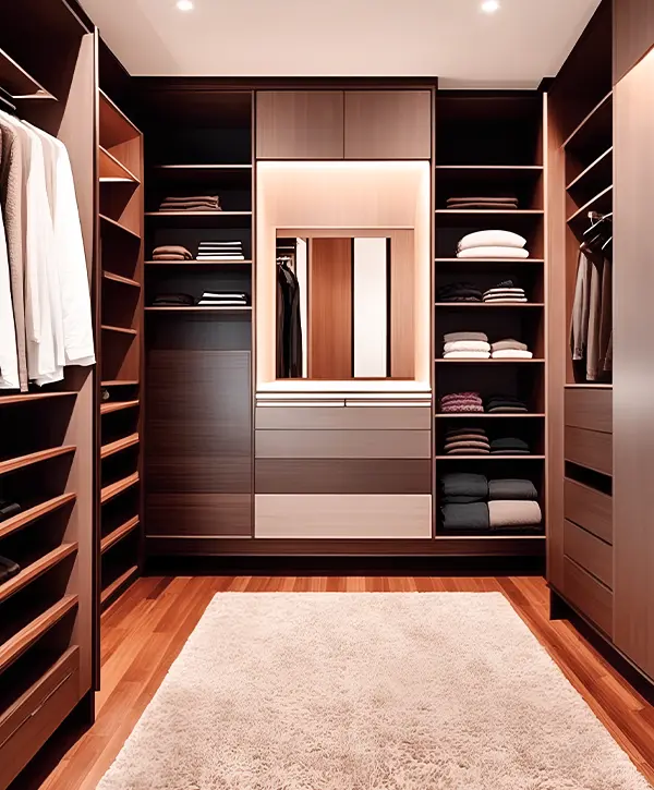 Modern, luxury brown wooden built in, walk in closet wardrobe