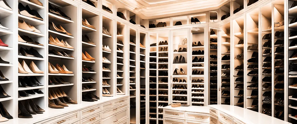 A luxurious walk-in closet with rows of designer clothing, shoes, and accessories