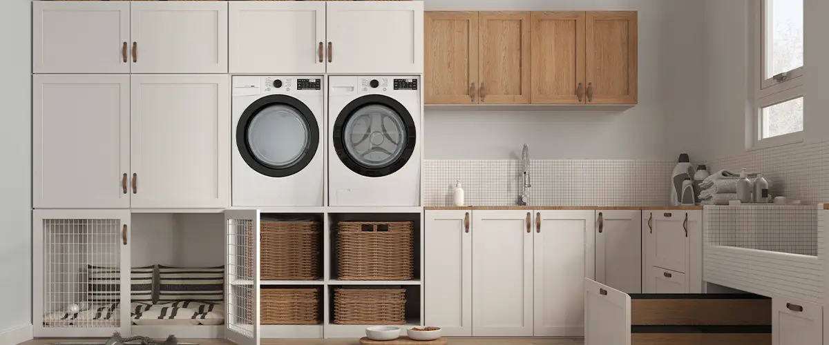 laundry room in white tones with appliances and dog bath shower with wooden ladder inside a drawer. Dog bed with gate. Modern interior design