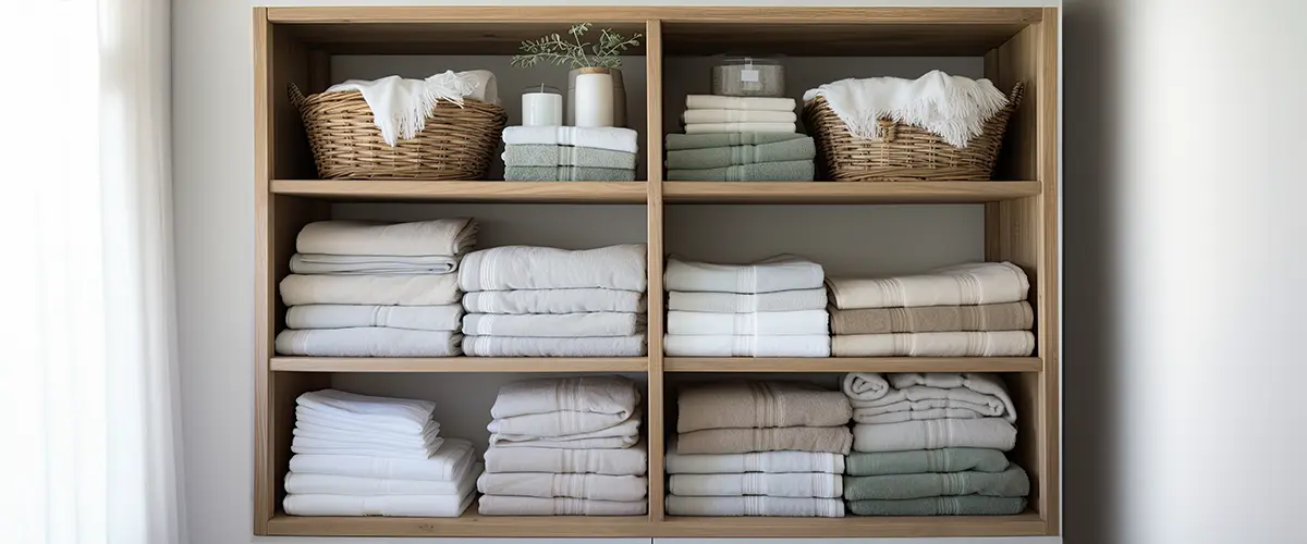 The linen cupboard shelves in this eco friendly storage solution are neatly folded and organized using straw baskets, closet organizer drawers, and dividers.