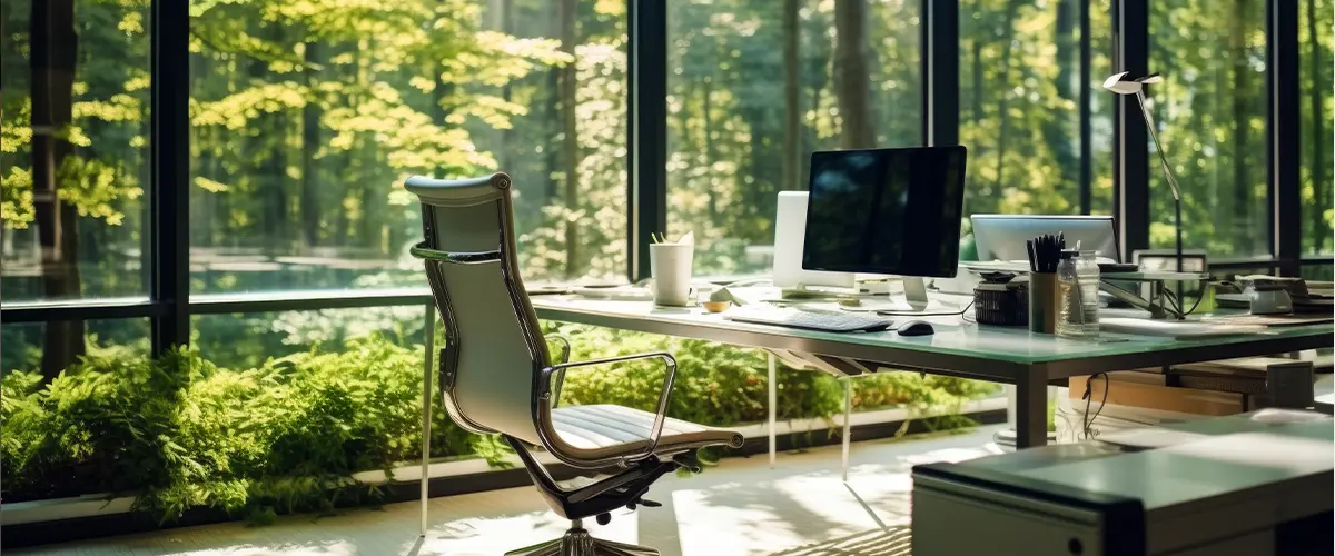 Modern corporate office open space with forest outside the window. Calming and productive workspace for modern lifestyle.