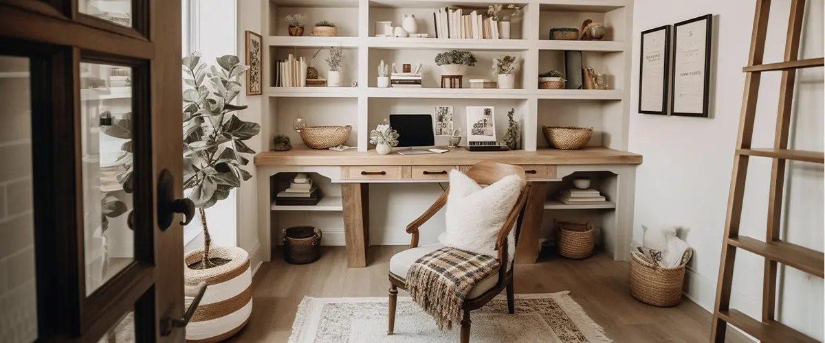 Farmhouse style office with wooden shelves and decorative objects.