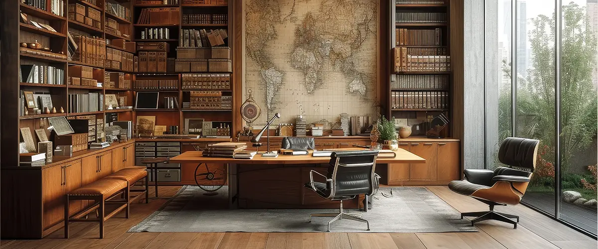 In a cozy den, a grand desk sits under a wall-sized map, surrounded by floor-to-ceiling bookshelves and a stylish coffee table, creating the perfect home office